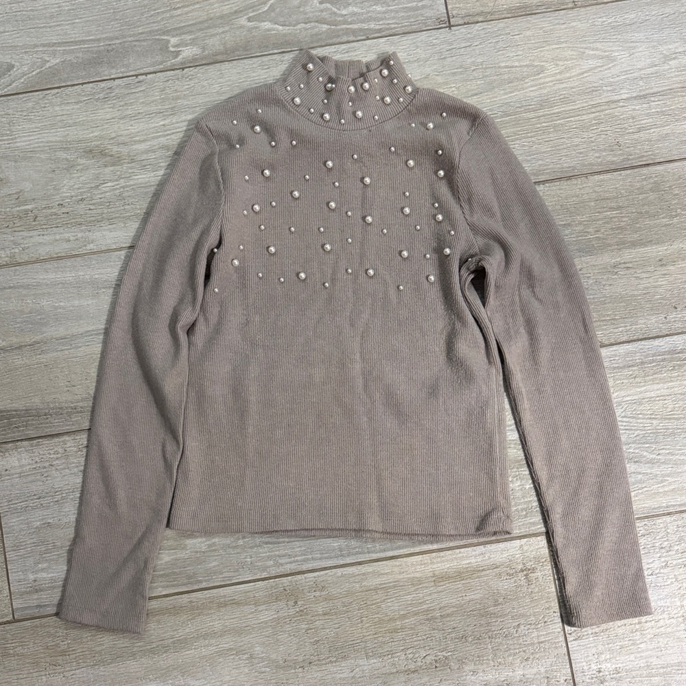Zara Taupe Turtleneck Sweater with Pearl Accents